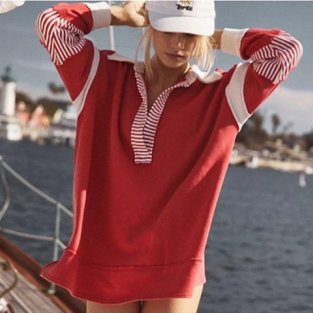 We The Free Clean Prep Polo Distressed Sweatshirt Deep V-Neck Small pink & white - Picture 3 of 9